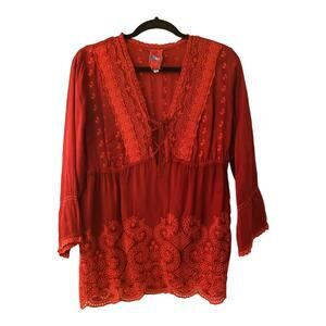 Johnny Was Embroidered Lace Red Lace Up Blouse Top V Neck Red Crimson Size Small